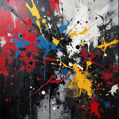 The primary subject of the image is a painting featuring a black and white background with a splatter of red, yellow, and blue colors. The painting appears to be a digital art or illustration, showcasing a unique visual style. The dominant colors in the painting are black, white, and the splattered red, yellow, and blue, creating a bold and vibrant atmosphere.